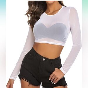 White Sheer Long Sleeve Crop Top